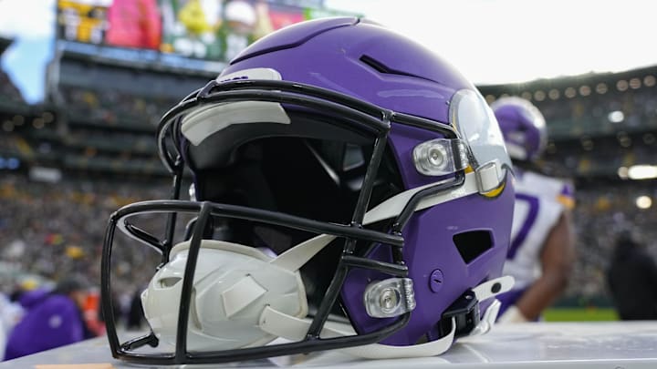 Nov 23, 2025; Green Bay, Wisconsin, USA;  General view of an Minnesota Vikings helmet during the game against the Green Bay Packers at Lambeau Field.