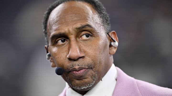 Nov 3, 2025; Arlington, Texas, USA; ESPN commentator Stephen A. Smith looks on before the game between the Dallas Cowboys and the Arizona Cardinals at AT&T Stadium. Mandatory Credit: Jerome Miron-Imagn Images