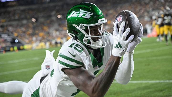 Oct 20, 2024; Pittsburgh, Pennsylvania, USA; New York Jets wide receiver Irvin Charles (19) attempts to catch a pass against the Pittsburgh Steelers during the third quarter at Acrisure Stadium. Mandatory Credit: Barry Reeger-Imagn Images
