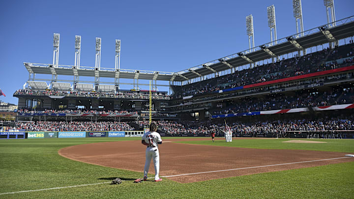 Oct 1, 2025; Cleveland, Ohio, USA; Cleveland Guardians third base José Ramírez (11) stands for the national anthem before game two of the Wildcard round for the 2025 MLB playoffs against the Detroit Tigers at Progressive Field. Mandatory Credit: Ken Blaze-Imagn Images
