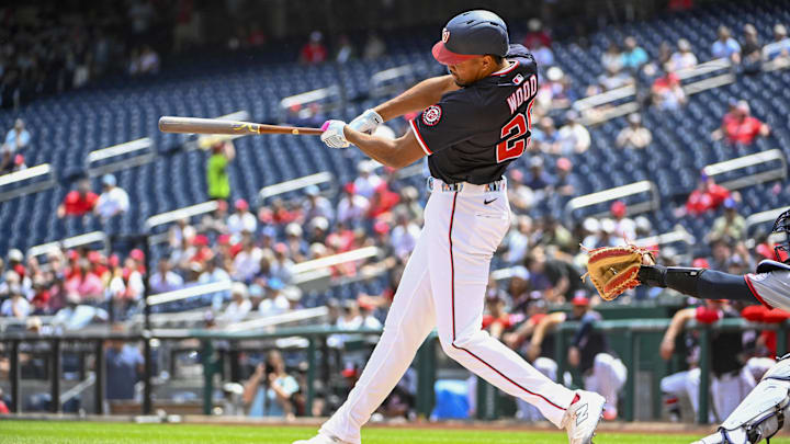 May 7, 2025; Washington, District of Columbia, USA; Washington Nationals designated hitter James Wood (29) singles against the Cleveland Guardians during the first inning at Nationals Park.