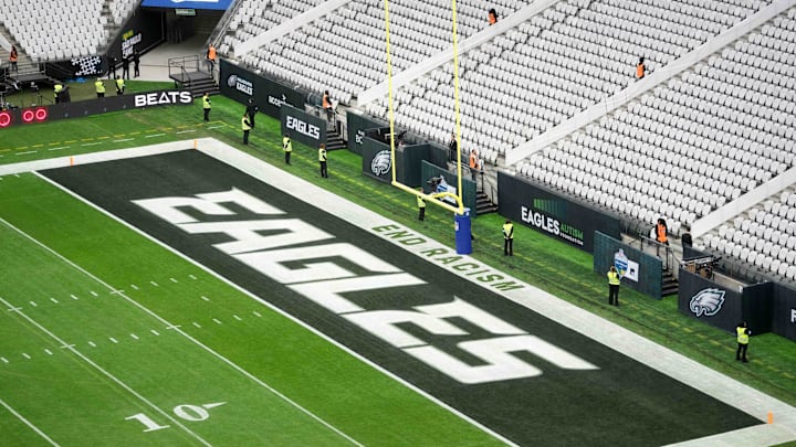 Sep 6, 2024; Sao Paulo, Brazil; The Philadelphia Eagles logo in the end zone at the 2024 NFL Sao Paolo Game at Neo Quimica Arena. Mandatory Credit: Kirby Lee-Imagn Images