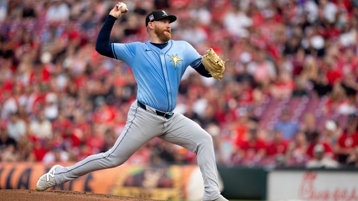 Tampa Bay Rays pitcher Zack Littell (52) pitches in the second inning between Cincinnati Reds and Tampa Bay Rays at Great American Ball Park in Cincinnati on July 25, 2025.