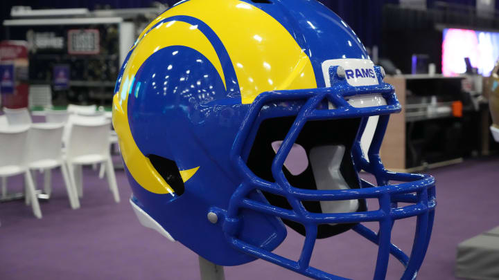 Feb 9, 2024; Las Vegas, NV, USA; A large Los Angeles Rams helmet at the NFL Experience.