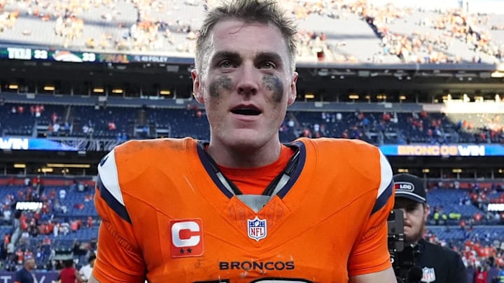 Oct 19, 2025; Denver, Colorado, USA; Denver Broncos quarterback Bo Nix (10) celebrates after the win against the New York Giants at Empower Field at Mile High. Mandatory Credit: Ron Chenoy-Imagn Images Oct 19, 2025; Denver, Colorado, USA; Denver Broncos quarterback Bo Nix (10) celebrates after the win against the New York Giants at Empower Field at Mile High. Mandatory Credit: Ron Chenoy-Imagn Images