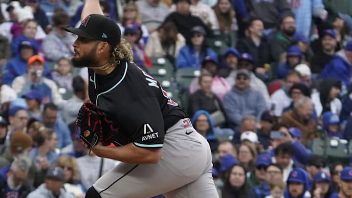 Apr 19, 2025; Chicago, Illinois, USA; Arizona Diamondbacks pitcher Juan Morillo (67) makes his MLB debut against the Chicago Cubs during the seventh inning at Wrigley Field. Mandatory Credit: David Banks-Imagn Images