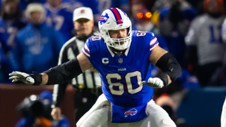 Jan 21, 2024; Orchard Park, New York, USA; Buffalo Bills center Mitch Morse (60) against the Kansas City Chiefs in the 2024 AFC divisional round game