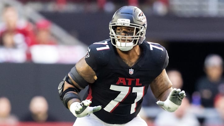 Dec 21, 2025; Glendale, Arizona, USA; Atlanta Falcons offensive lineman Elijah Wilkinson (71) against the Arizona Cardinals at State Farm Stadium. Mandatory Credit: Mark J. Rebilas-Imagn Images
