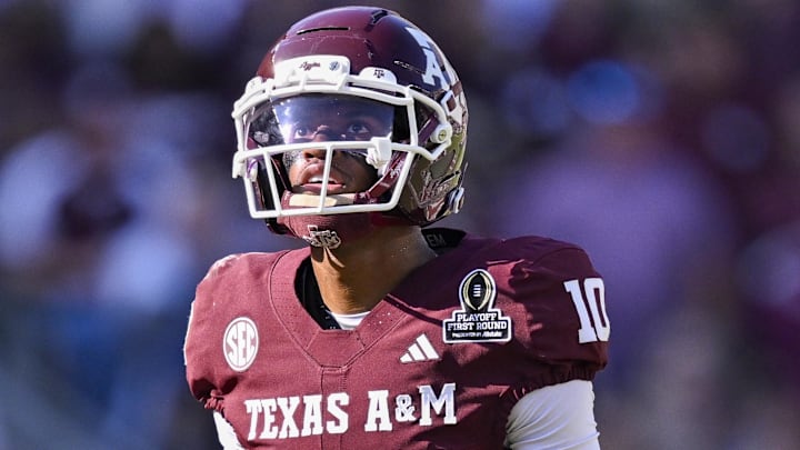 Dec 20, 2025; College Station, TX, USA; Texas A&M Aggies quarterback Marcel Reed (10) looks on during the game between the Aggies and the Hurricanes at Kyle Field. Mandatory Credit: Jerome Miron-Imagn Images