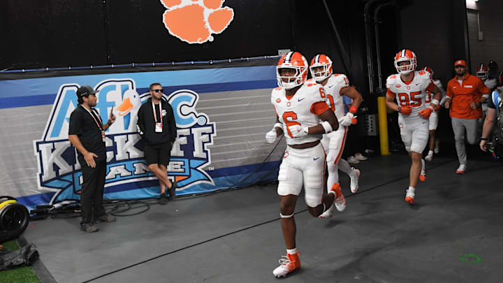Aug 31, 2024; Atlanta, Georgia, USA;  Clemson receiver Tyler Brown (6) before the 2024 Aflac Kickoff Game with University of Georgia at Mercedes-Benz Stadium. Mandatory Credit: Ken Ruinard-Imagn Images