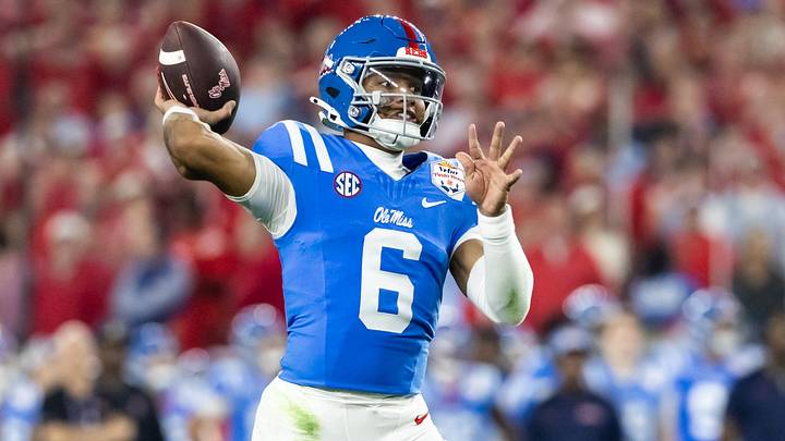 Jan 8, 2026; Glendale, AZ, USA; Detailed view of the jersey of Mississippi Rebels quarterback Trinidad Chambliss (6) against the Miami Hurricanes during the 2026 Fiesta Bowl and semifinal game of the College Football Playoff at State Farm Stadium. Mandatory Credit: Mark J. Rebilas-Imagn Images Jan 8, 2026; Glendale, AZ, USA; Detailed view of the jersey of Mississippi Rebels quarterback Trinidad Chambliss (6) against the Miami Hurricanes during the 2026 Fiesta Bowl and semifinal game of the College Football Playoff at State Farm Stadium. Mandatory Credit: Mark J. Rebilas-Imagn Images