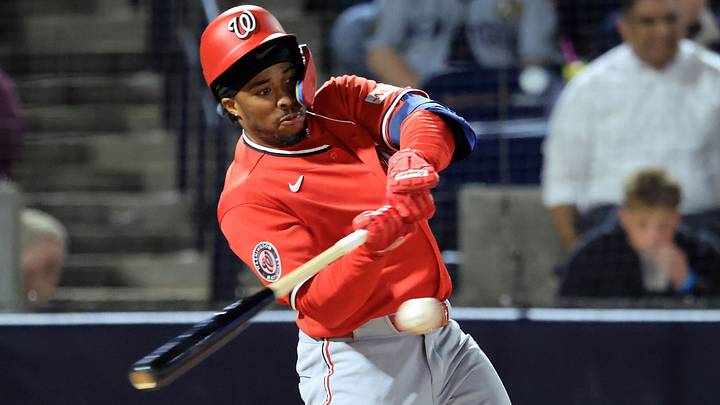 Feb 25, 2026; Tampa, Florida, USA; Washington Nationals left fielder Christian Franklin (33) singles during the third inning against the New York Yankees at George M. Steinbrenner Field. Mandatory Credit: Kim Klement Neitzel-Imagn Images