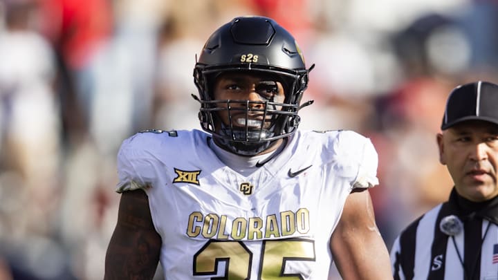 Oct 19, 2024; Tucson, Arizona, USA; Colorado Buffalos defensive end BJ Green II (35) against the Arizona Wildcats at Arizona Stadium. Mandatory Credit: Mark J. Rebilas-Imagn Images