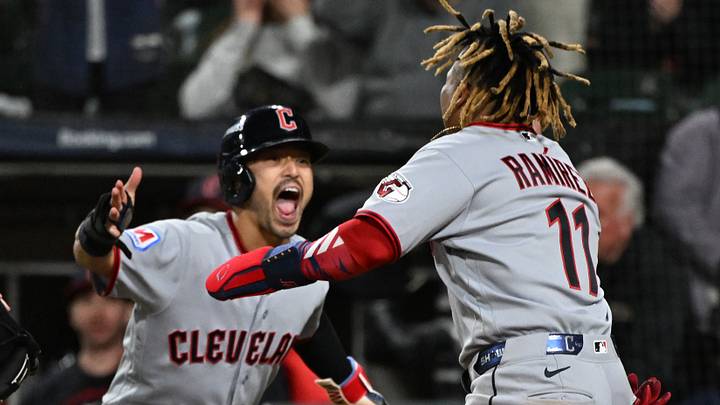 Oct 8, 2026; Chicago, Illinois, USA;  Cleveland Guardians third baseman Jose Ramirez (11) celebrates with center fielder Steven Kwan (38) after scoring during the sixth inning against the Chicago White Sox in game four of the ALDS for the 2026 MLB Playoffs at Rate Field.  Mandatory Credit: Matt Marton-Imagn Images