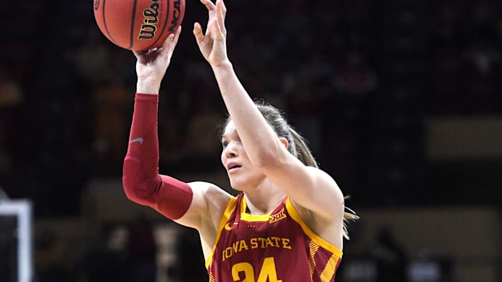 Iowa State's guard Ashley Joens (24) shoots the ball against Oklahoma in the Big 12 basketball tournament semifinal, Saturday, March 11, 2023, at Municipal Auditorium in Kansas City, Mo. Iowa State's guard Ashley Joens (24) shoots the ball against Oklahoma in the Big 12 basketball tournament semifinal, Saturday, March 11, 2023, at Municipal Auditorium in Kansas City, Mo.