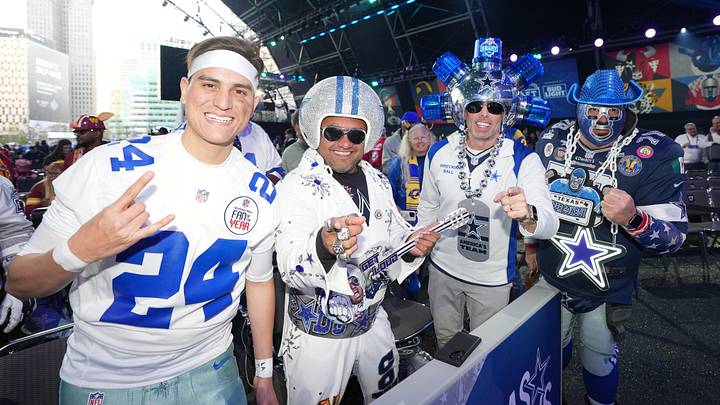 Apr 25, 2024; Detroit, MI, USA; Dallas Cowboys fans pose for a photograph during the 2024 NFL Draft Apr 25, 2024; Detroit, MI, USA; Dallas Cowboys fans pose for a photograph during the 2024 NFL Draft