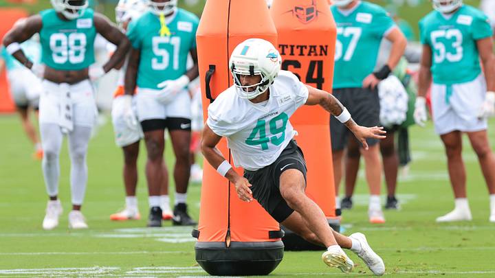 Miami Dolphins tight end Seydou Traore (49) works during practice at the Baptist Health Training Complex. Miami Dolphins tight end Seydou Traore (49) works during practice at the Baptist Health Training Complex.