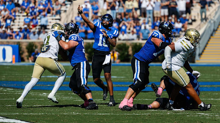 Oct 18, 2025; Durham, North Carolina, USA;  Duke Blue Devils quarterback Darian Mensah (10) throws the ball during the first half of the game against Georgia Tech Yellow Jackets at Wallace Wade Stadium. Mandatory Credit: Jaylynn Nash-Imagn Images