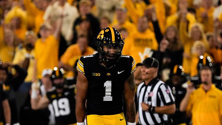Iowa Hawkeyes defensive back Xavier Nwankpa (1) reacts during a college football game against the Penn State Nittany Lions Oct. 18, 2025 at Kinnick Stadium in Iowa City, Iowa.