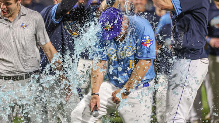 Amarillo Sod Poodles    Manager Shawn Roof (4) is doused with gatorade after a Texas League Championship game against the Arkansas Travelers, Wednesday night, September 27, 2023, at Hodgetown, in Amarillo, Texas. The Amarillo Sod Poodles won 9-1.