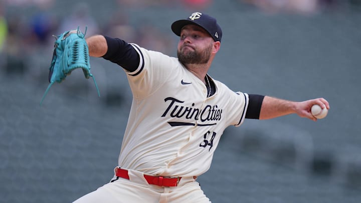 Jun 22, 2025; Minneapolis, Minnesota, USA; Minnesota Twins pitcher Danny Coulombe (54) pitches against the Milwaukee Brewers in the first inning at Target Field.