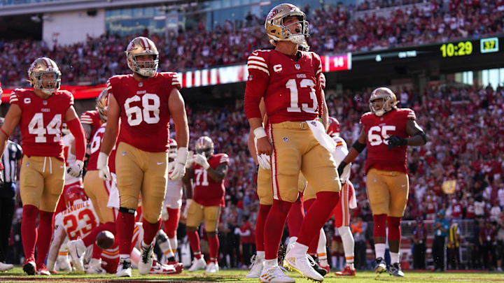 Oct 20, 2024; Santa Clara, California, USA; San Francisco 49ers quarterback Brock Purdy (13) reacts after rushing for a touchdown against the Kansas City Chiefs in the third quarter at Levi's Stadium. Mandatory Credit: Cary Edmondson-Imagn Images Oct 20, 2024; Santa Clara, California, USA; San Francisco 49ers quarterback Brock Purdy (13) reacts after rushing for a touchdown against the Kansas City Chiefs in the third quarter at Levi's Stadium. Mandatory Credit: Cary Edmondson-Imagn Images