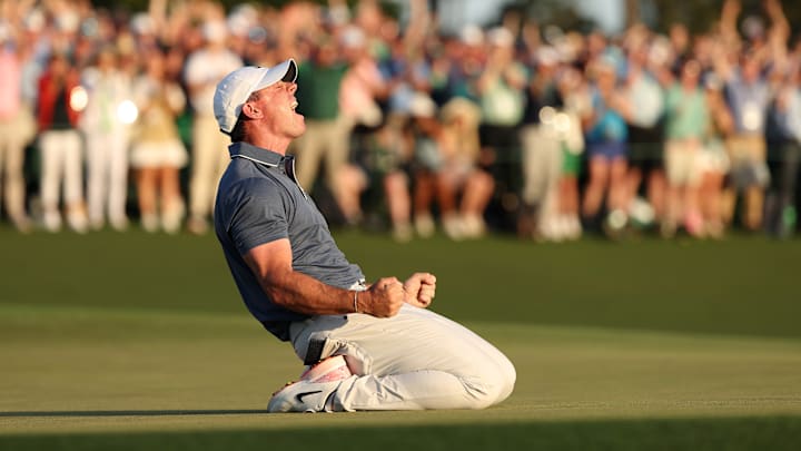 Rory McIlroy celebrates after winning the 2025 Masters at Augusta National Golf Club