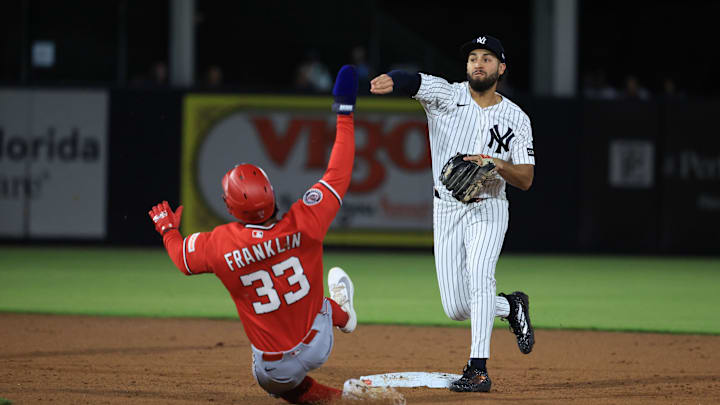 Feb 25, 2026; Tampa, Florida, USA; New York Yankees infielder Jonathan Ornelas (64) forces out Washington Nationals left fielder Christian Franklin (33) and throws the ball to first base for a double play during the third inning at George M. Steinbrenner Field. Mandatory Credit: Kim Klement Neitzel-Imagn Images Feb 25, 2026; Tampa, Florida, USA; New York Yankees infielder Jonathan Ornelas (64) forces out Washington Nationals left fielder Christian Franklin (33) and throws the ball to first base for a double play during the third inning at George M. Steinbrenner Field. Mandatory Credit: Kim Klement Neitzel-Imagn Images