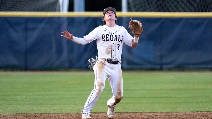 Regina’s Jaydon Leonard (3) trackes a pop-fly during a baseball game against the Tipton Tigers June 25, 2026 at Regina Catholic School in Iowa City, Iowa. Regina’s Jaydon Leonard (3) trackes a pop-fly during a baseball game against the Tipton Tigers June 25, 2026 at Regina Catholic School in Iowa City, Iowa.