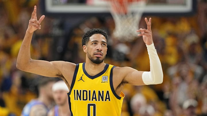 Jun 19, 2025; Indianapolis, Indiana, USA; Indiana Pacers guard Tyrese Haliburton (0) reacts after a play against the Oklahoma City Thunder during the first half of game six of the 2025 NBA Finals between the Oklahoma City Thunder and the Indiana Pacers at Gainbridge Fieldhouse. Mandatory Credit: Kyle Terada-Imagn Images Jun 19, 2025; Indianapolis, Indiana, USA; Indiana Pacers guard Tyrese Haliburton (0) reacts after a play against the Oklahoma City Thunder during the first half of game six of the 2025 NBA Finals between the Oklahoma City Thunder and the Indiana Pacers at Gainbridge Fieldhouse. Mandatory Credit: Kyle Terada-Imagn Images