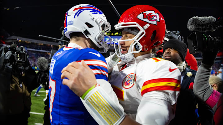 Jan 21, 2024; Orchard Park, New York, USA; Kansas City Chiefs quarterback Patrick Mahomes (15) greets Buffalo Bills quarterback Josh Allen (17) following the 2024 AFC divisional round game at Highmark Stadium. Mandatory Credit: Mark J. Rebilas-Imagn Images
