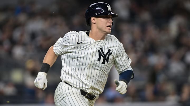 Sep 23, 2025; Bronx, New York, USA; New York Yankees shortstop Anthony Volpe (11) runs the bases after hitting a single against the Chicago White Sox during the ninth inning at Yankee Stadium. Mandatory Credit: John Jones-Imagn Images
