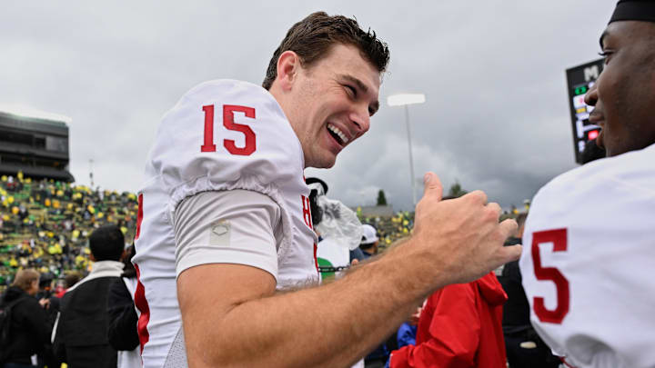 Indiana football quarterback Fernando Mendoza celebrates after beating Oregon on Oct. 11, 2025, at Autzen Stadium in Eugene. Indiana football quarterback Fernando Mendoza celebrates after beating Oregon on Oct. 11, 2025, at Autzen Stadium in Eugene.