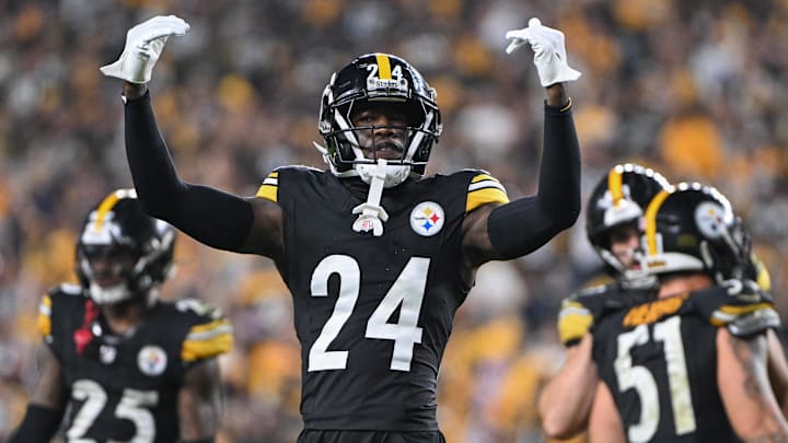 Oct 6, 2024; Pittsburgh, Pennsylvania, USA; Pittsburgh Steelers cornerback Joey Porter Jr. (24) interacts with the crowd against the Dallas Cowboys during the second half at Acrisure Stadium. Mandatory Credit: Barry Reeger-Imagn Images