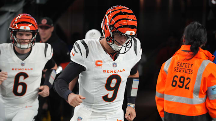 Joe Burrow enters the field in full gear to continue warming up before their game against the Giants at MetLife Stadium on Sunday October 13, 2024.