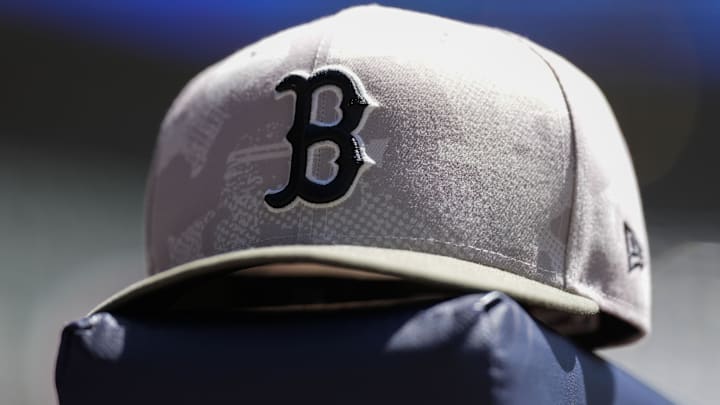 May 26, 2025; Milwaukee, Wisconsin, USA;  General view of a Boston Red Sox hat during warmups prior the game against the Milwaukee Brewers at American Family Field. Mandatory Credit: Jeff Hanisch-Imagn Images