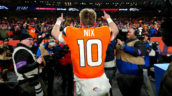 Denver Broncos quarterback Bo Nix celebrates after winning an AFC Divisional Round playoff game against the Buffalo Bills at Empower Field at Mile High on Jan. 17, 2026.