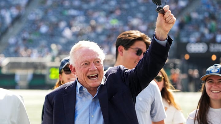 Dallas Cowboys Owner, President and general manager Jerry Jones waves on the field prior to a game against the New York Jets.