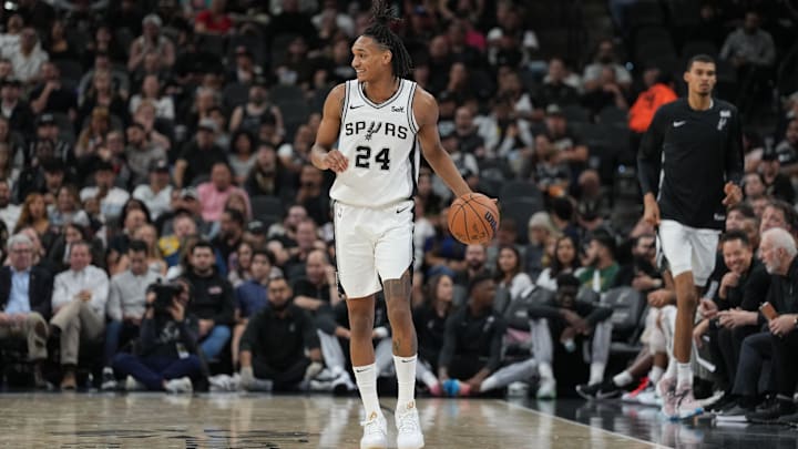 Oct 18, 2023; San Antonio, Texas, USA; San Antonio Spurs guard Devin Vassell (24) brings the ball up