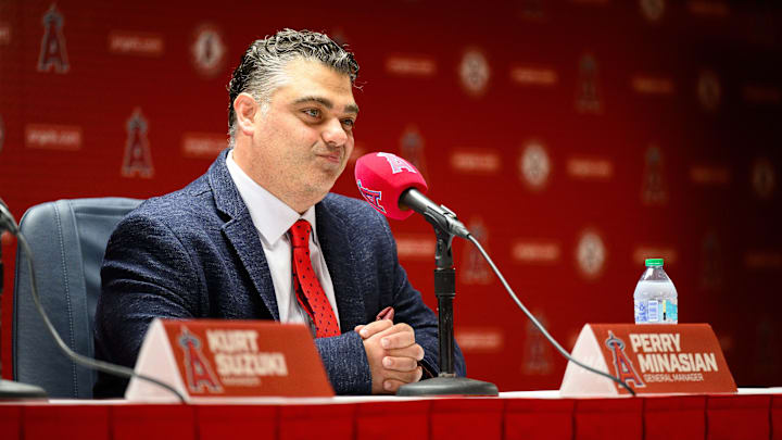 Oct 22, 2025; Los Angeles, CA, USA; Los Angeles Angels general manager Perry Minasian speaks during a press conference at Angel Stadium. Mandatory Credit: William Liang-Imagn Images