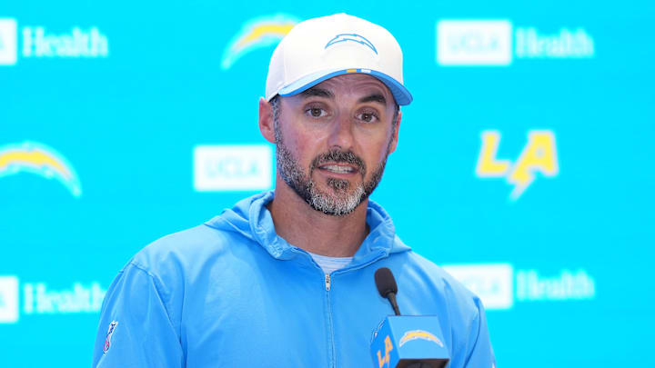 Aug 7, 2025; El Segundo, CA, USA; Los Angeles Chargers defensive coordinator Jesse Minter at press conference during training camp at The Bolt. Mandatory Credit: Kirby Lee-Imagn Images