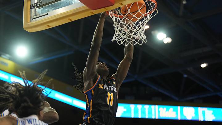 sNov 30, 2023; Los Angeles, California, USA; UC Riverside Highlanders guard Nate Pickens (11) dunks the ball against the UCLA Bruins in the first half at Pauley Pavilion presented by Wescom. Mandatory Credit: Kirby Lee-USA TODAY Sports