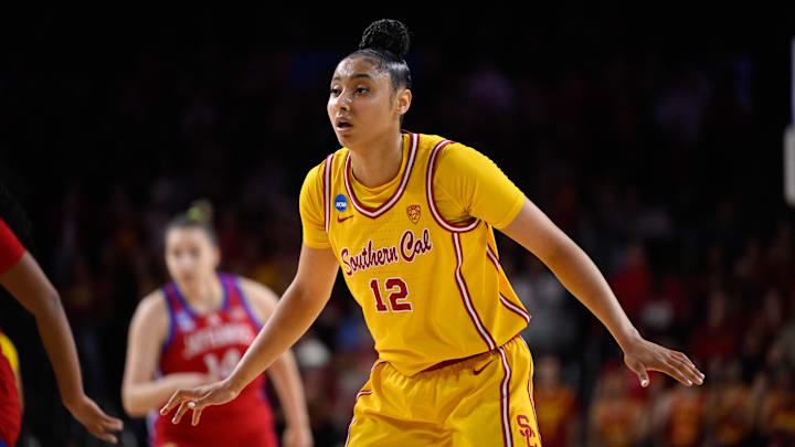 Mar 25, 2024; Los Angeles, CA, USA; USC Trojans guard JuJu Watkins (12) during an NCAA Women’s Tournament 2nd round game against the Kansas Jayhawks at Galen Center. Mandatory Credit: Robert Hanashiro-Imagn Images Mar 25, 2024; Los Angeles, CA, USA; USC Trojans guard JuJu Watkins (12) during an NCAA Women’s Tournament 2nd round game against the Kansas Jayhawks at Galen Center. Mandatory Credit: Robert Hanashiro-Imagn Images