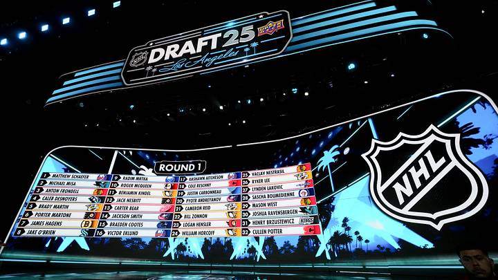 Jun 27, 2025; Los Angeles, California, USA; The draft board is seen following the first round of the 2025 NHL Draft at Peacock Theater. Mandatory Credit: Kirby Lee-Imagn Images