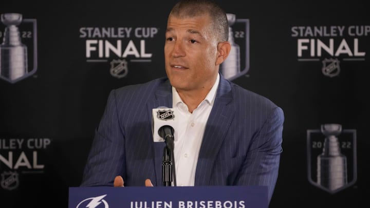 Jun 14, 2022; Denver, Colorado, USA; Tampa Bay Lightning general manager Julien Brisebois speaks during media day for the 2022 Stanley Cup Final at Ball Arena. Mandatory Credit: Ron Chenoy-Imagn Images