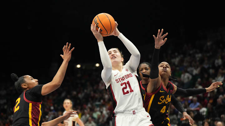 Mar 10, 2024; Las Vegas, NV, USA; Stanford Cardinal forward Brooke Demetre (21) shoots the ball against Southern California Trojans guard JuJu Watkins (12) and guard Kayla Williams (4) in the first half of the Pac-12 Tournament women's championship game at MGM Grand Garden Arena. Mandatory Credit: Kirby Lee-Imagn Images Mar 10, 2024; Las Vegas, NV, USA; Stanford Cardinal forward Brooke Demetre (21) shoots the ball against Southern California Trojans guard JuJu Watkins (12) and guard Kayla Williams (4) in the first half of the Pac-12 Tournament women's championship game at MGM Grand Garden Arena. Mandatory Credit: Kirby Lee-Imagn Images