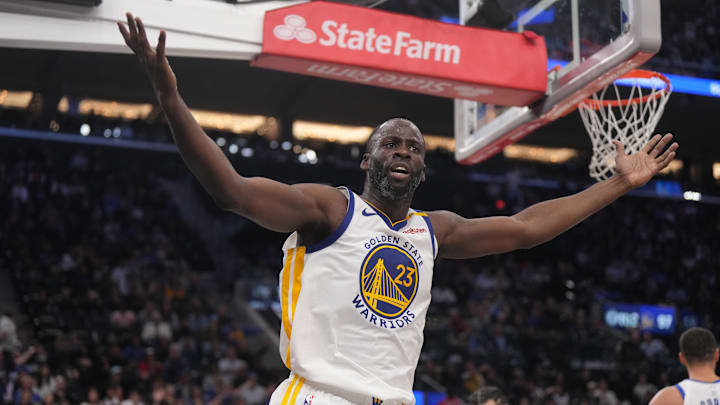 Nov 18, 2024; Inglewood, California, USA; Golden State Warriors forward Draymond Green (23) reacts in the second half against the LA Clippers at Intuit Dome. Mandatory Credit: Kirby Lee-Imagn Images