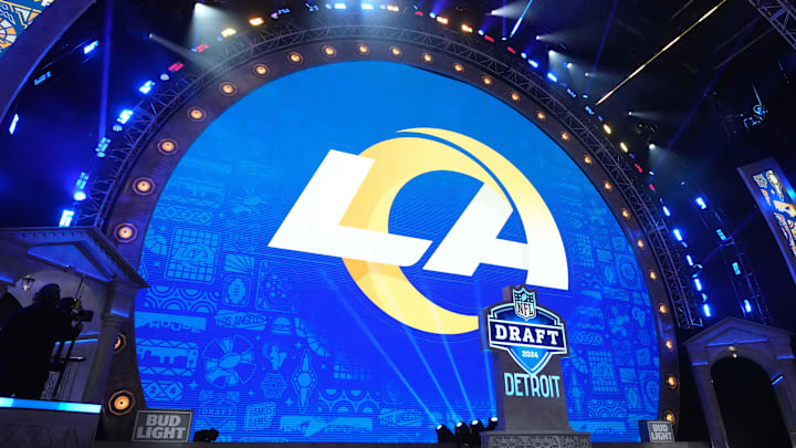 Apr 25, 2024; Detroit, MI, USA; A Los Angeles Rams logo at the 2024 NFL Draft at Campus Martius Park.