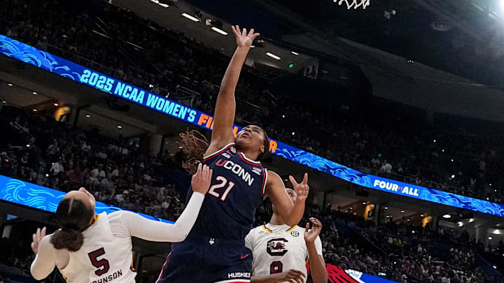 UConn's Sarah Strong goes up against South Carolina in the national championship game.