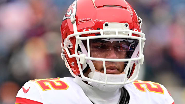 Dec 17, 2023; Foxborough, Massachusetts, USA; Kansas City Chiefs cornerback Trent McDuffie (22) warms up before a game against the New England Patriots at Gillette Stadium. Mandatory Credit: Eric Canha-Imagn Images